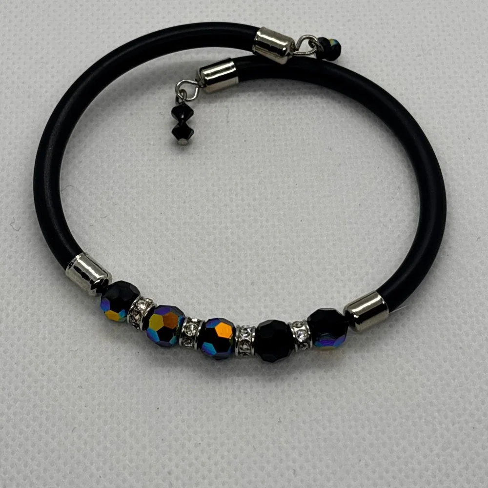 Black Cord Bracelet‎ AB Beads Silver Accents Bangle Fashion Jewelry